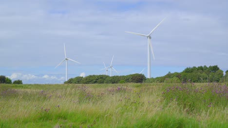 Moving-slowly-towards-wind-turbine-across-grassy-meadow-on-cloudy-summer-day