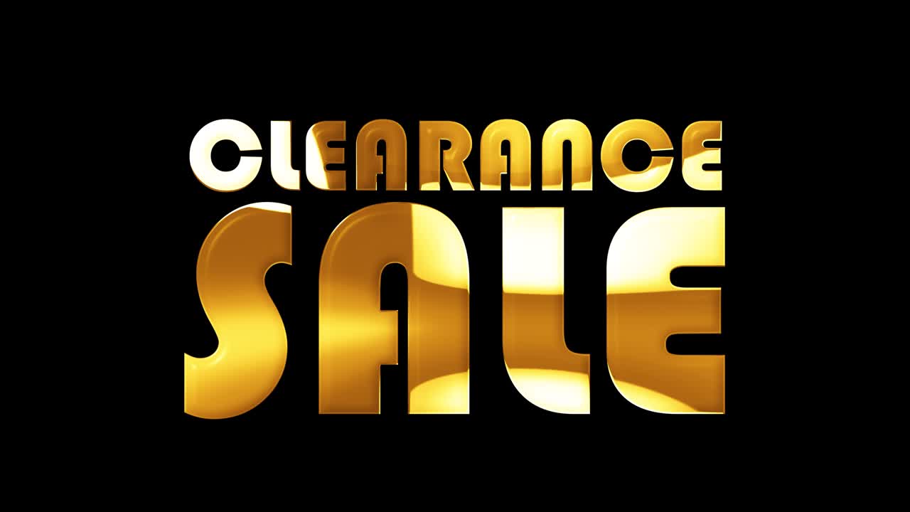 4k 3d 원활한 루핑 클리어런스 판매 텍스트 애니메이션 판매 홍보 효과 요소 클리어렌스 판매 골든 텍스트 라이트 루프 애니메이션 개념은 타임 알파 채널 프로스 4444을 사용하여 분리합니다.