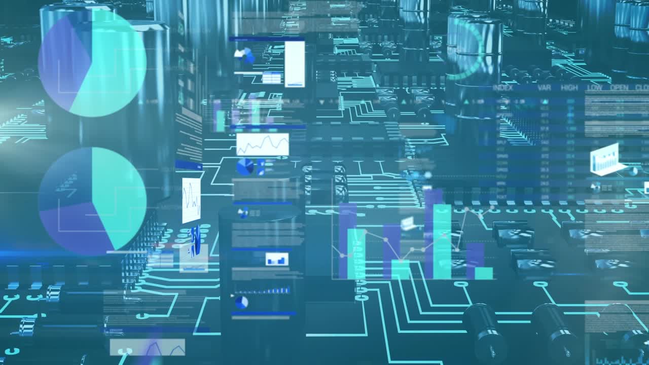Animation of statistics and data processing over cityscape