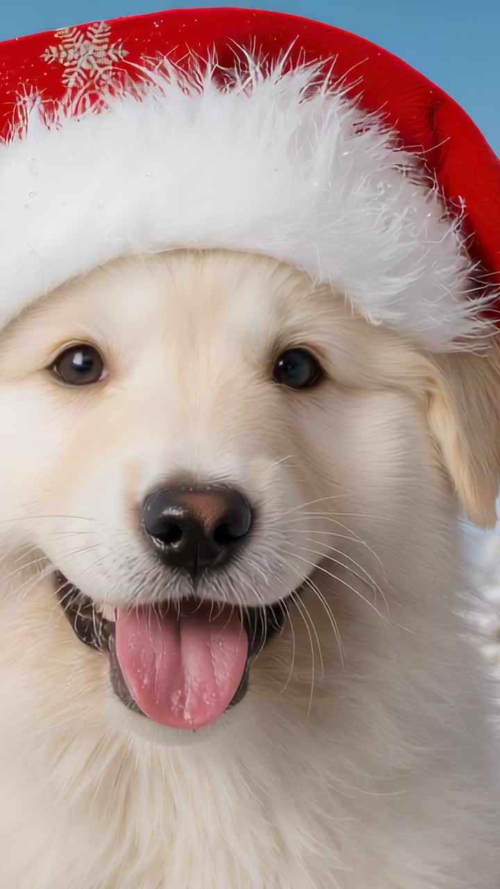 Vertical video: Starting closeup pale dog turning and walking in snow, tongue, teeth, red Santa hat