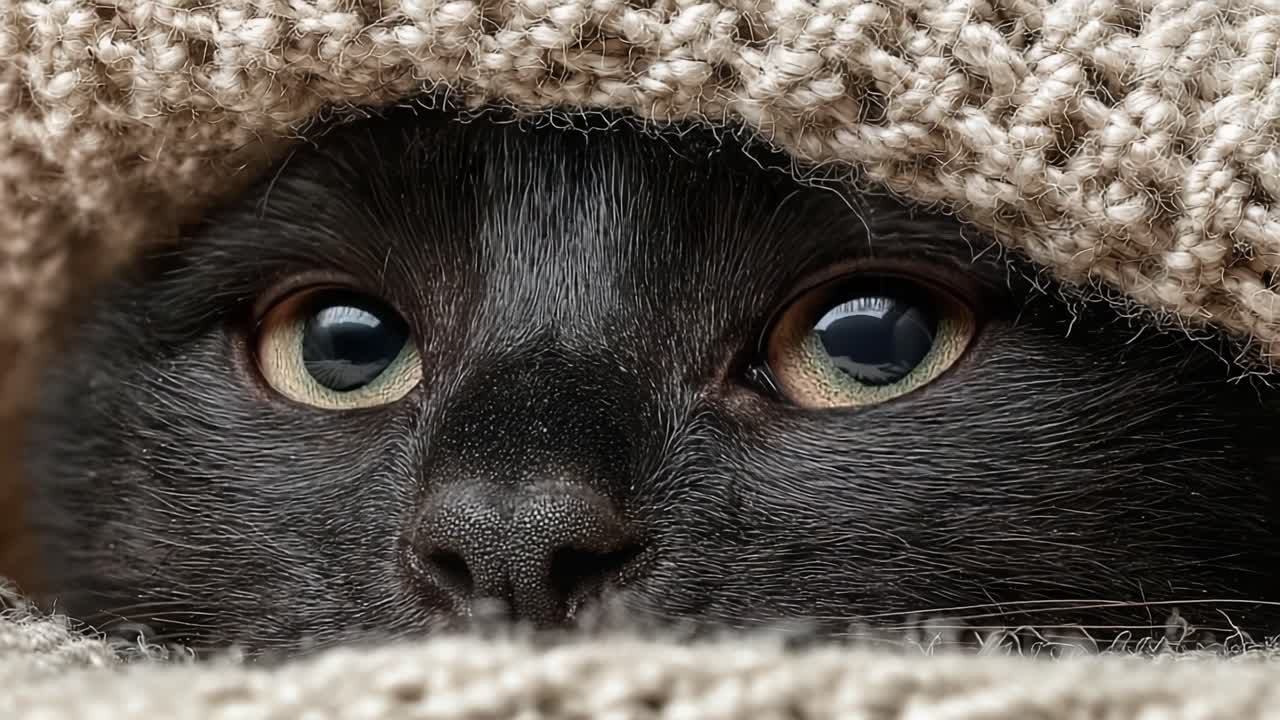 A Close-Up of a Curious Black Cat's Eyes Peeking Out from a Cozy Knit Blanket, Capturing the Essence of Feline Curiosity and Comfort