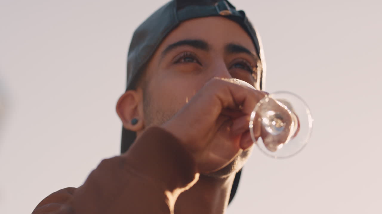 느린 동작으로 매력적인 젊은 남자가 샴페인을 마시고 일몰 때 주말 사교 모임에서 옥상 파티 동창회 축하를 즐기고 있습니다.