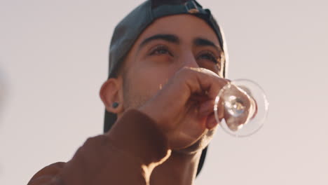 slow motion attractive young man drinking champagne enjoying rooftop party reunion celebration on weekend social gathering at sunset