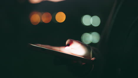 woman, hands and phone typing at night