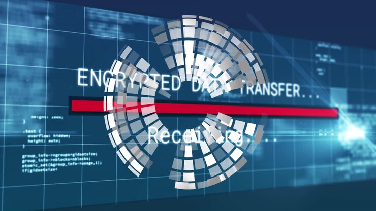 Encrypted data transfer animation over rotating globe and digital grid