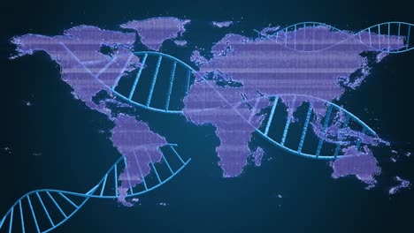 Animation-Von-DNA-Strängen-über-Der-Weltkarte-Auf-Blauem-Hintergrund