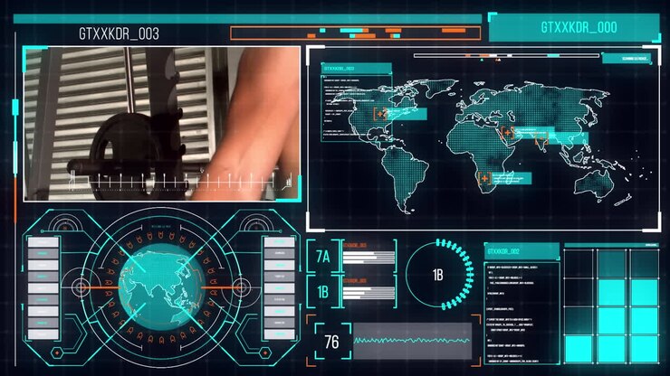 Animation of data processing on screens over caucasian man skipping