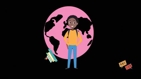 Animation-of-schoolboy-icon-and-globe-on-black-background