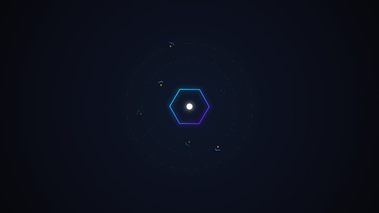 Abstract Digital Hexagon Animation with Orbiting Particles