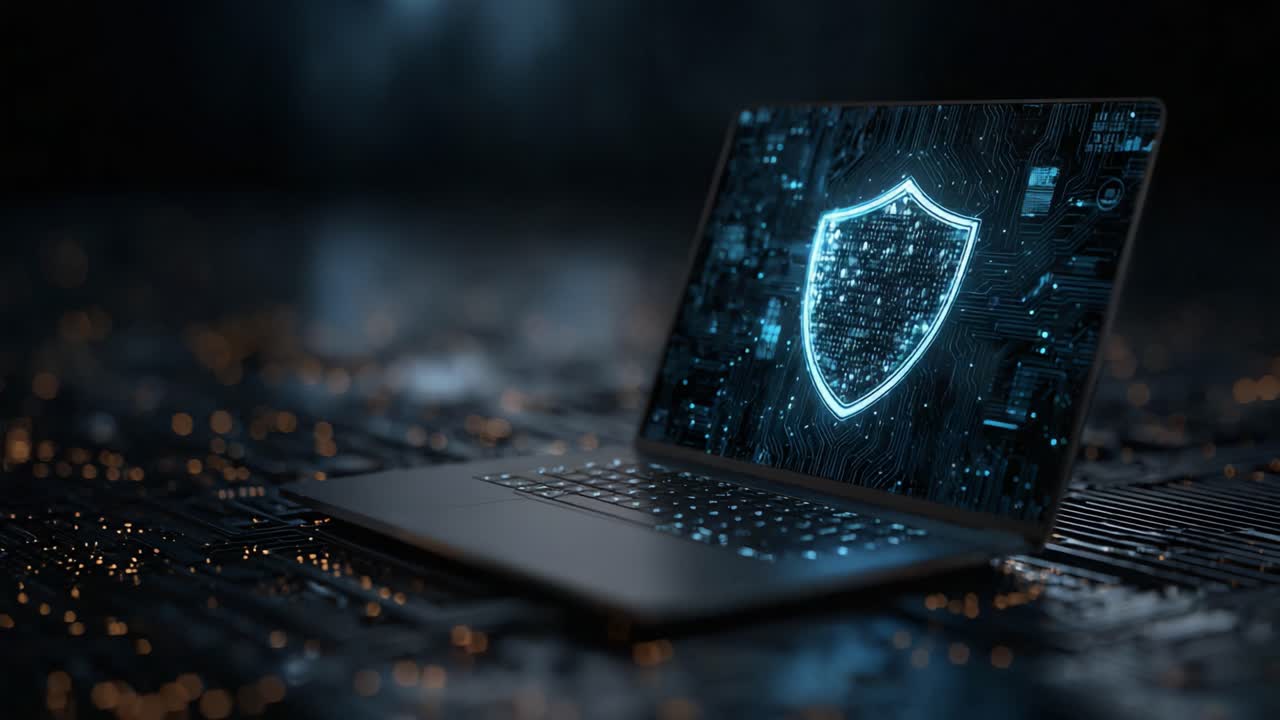Modern Laptop Displaying Cybersecurity Shield on Circuit Board Background, Symbolizing Protection Against Digital Threats and Ensuring Data Safety
