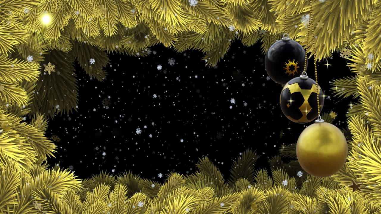 Christmas tree frame, black and gold baubles and falling snowflakes on black background, copy space