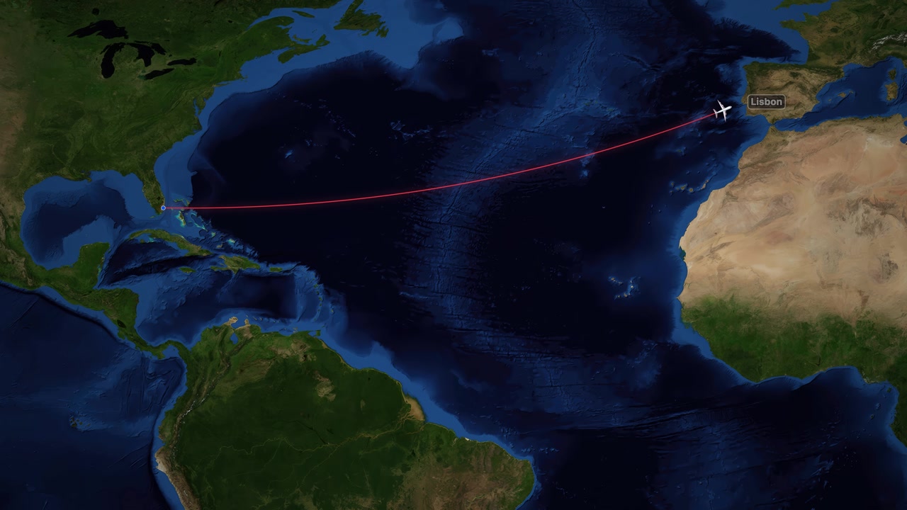 A digital airplane icon follows a red line across a satellite map of the Atlantic