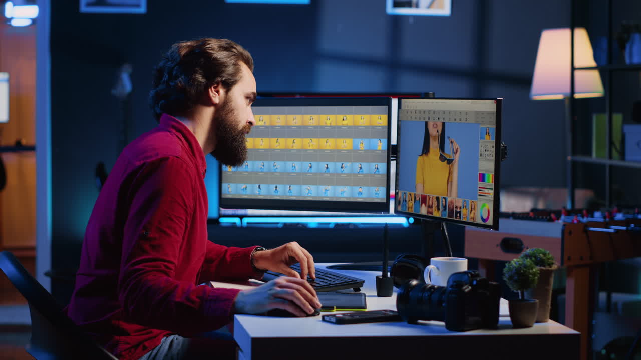 fotógrafo recibiendo una llamada telefónica de un cliente mientras edita sus fotos utilizando un software avanzado