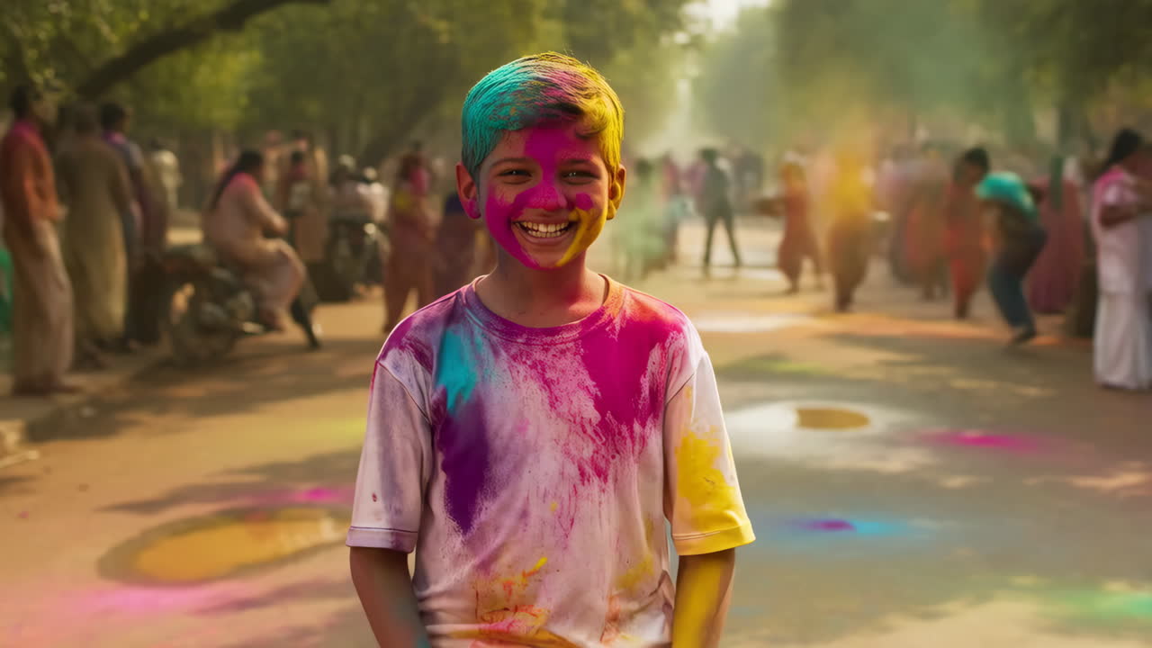 Ragazzo indiano gioioso che celebra il festival Holi