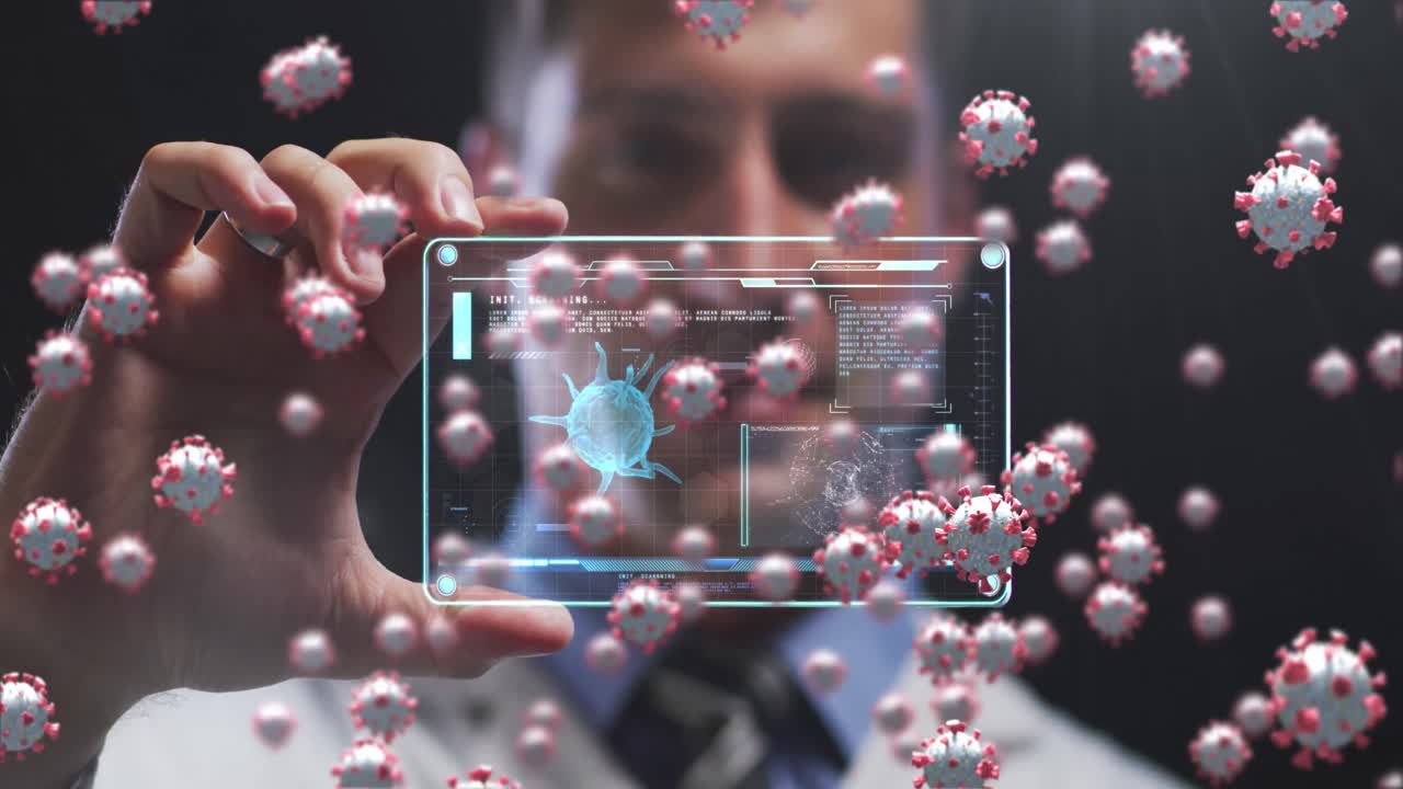 animación de células de covid 19 sobre la pantalla de sujeción del hombre con células de covid 19 y procesamiento de datos médicos