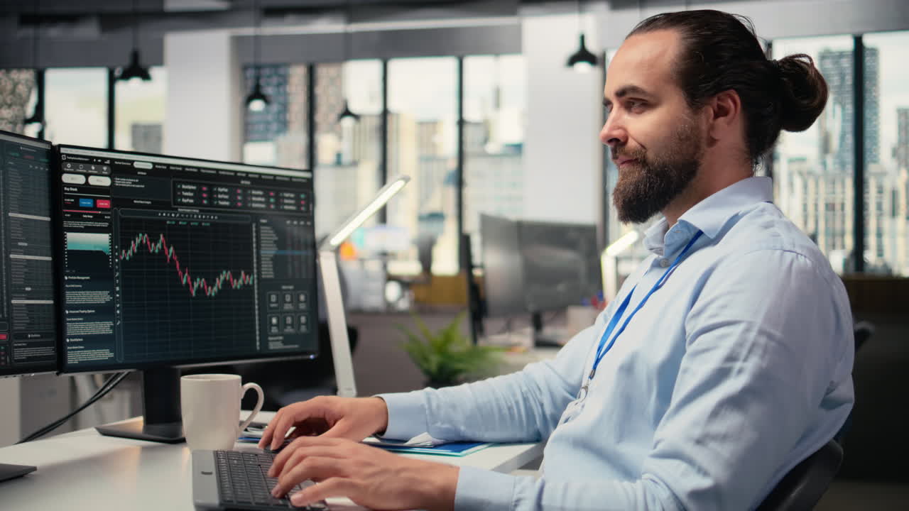 Trader in office closing eyes to do daydreaming, visualizing financial success