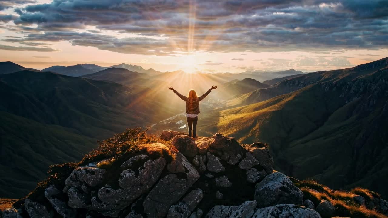 Aerial video captures a person on a mountain peak at sunrise, arms raised, symbolizing freedom