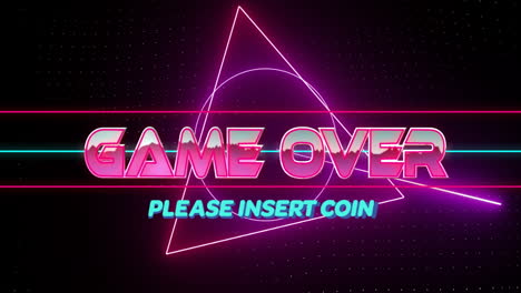 game over text animation with please insert coin over neon geometric shapes