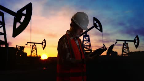 side view of asian male engineer with safety helmet working on a tablet while standing in front of the oil pumps, during sunset or sunrise time