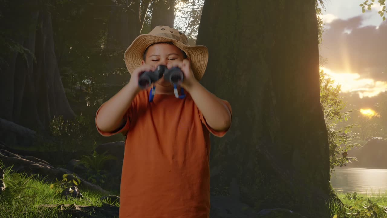 un niño asiático con un sombrero se limpia la cara sudorosa después de mirar a través de los binoculares. un niño investigador examina algo mientras explora la naturaleza del bosque, el concepto de aventura de turismo de viaje