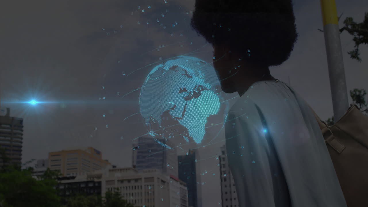 Mid adult woman gazing at city skyline, showing holographic globe with padlock icons for tech