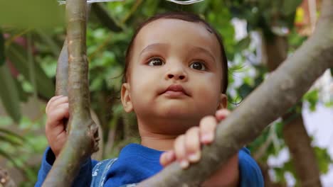 innocent infant holding tree branch with cute facial expression at day from flat angle