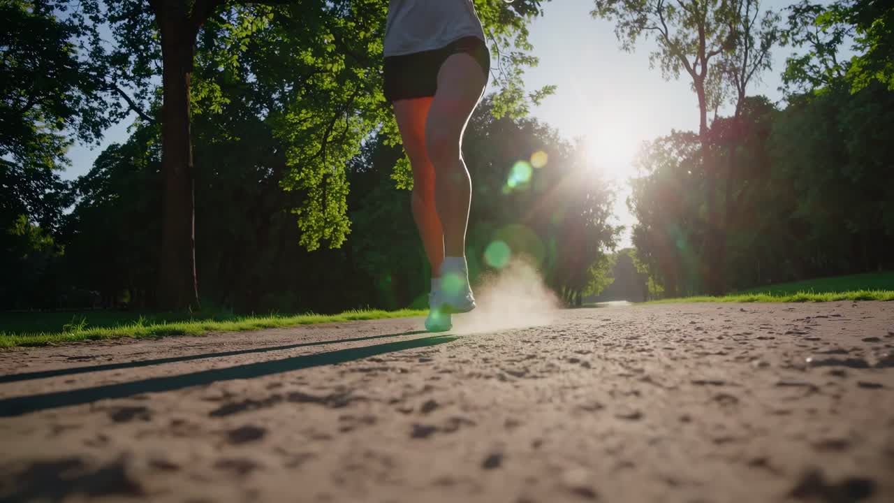 Low-angle video shot of a person jogging on a sunlit path, capturing dynamic movement and dust