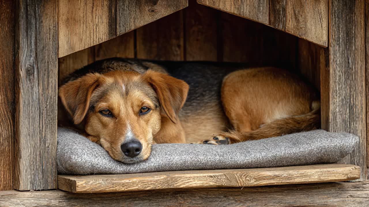 Een knusse hond die comfortabel ontspant in zijn houten huisje, met een serene uitdrukking, genesteld op een zachte deken binnenin.