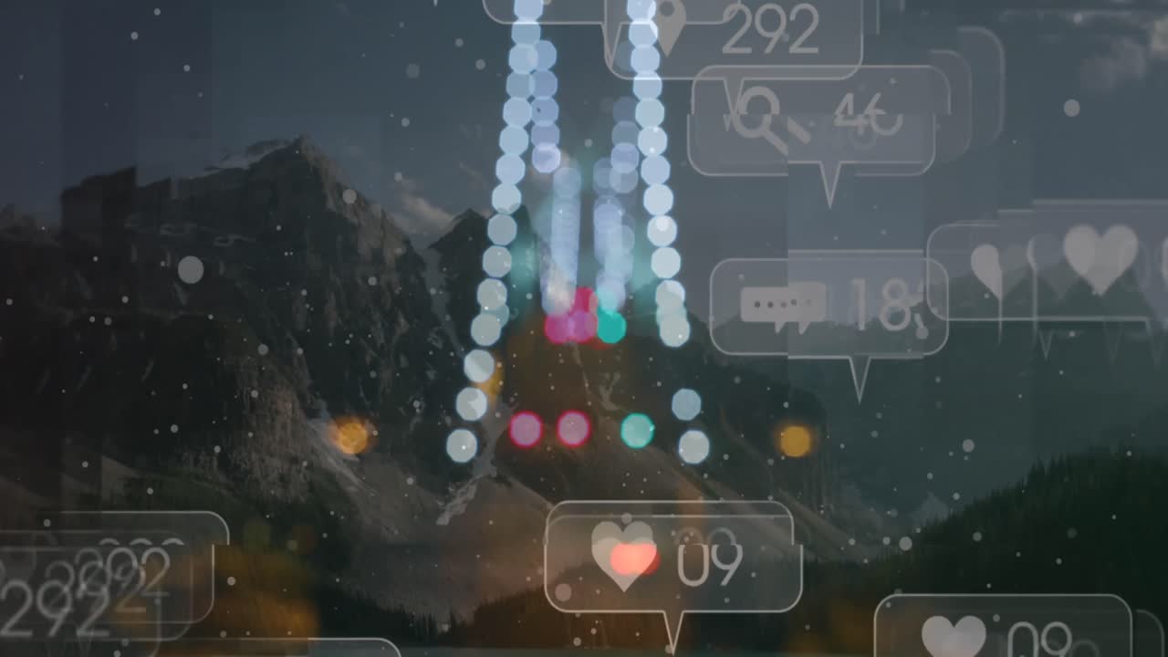 소셜 미디어 아이콘의 애니메이션과 초점이 맞지 않는 불빛과 도시 풍경