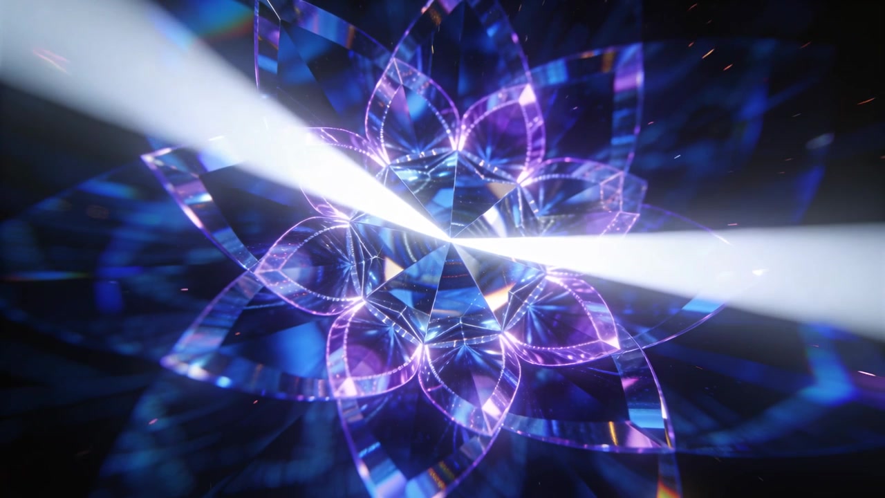 Un raggio bianco luminoso che penetra e attraversa una mandala floreale cristallina in un vuoto nero, illuminandone il centro.