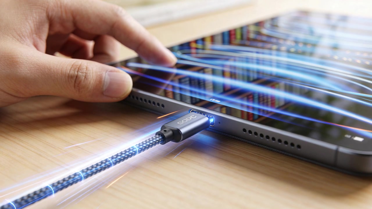 Polpastrello in bilico, mano che inserisce un USB-C illuminato nella porta laterale del tablet sulla scrivania, mostrando la ricarica.