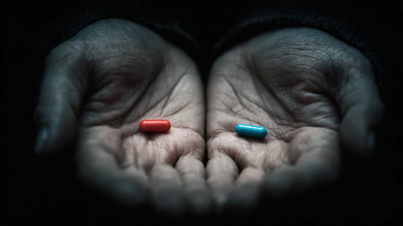 Una scelta intrigante: La dicotomia di due pillole poste in mani tese, che simboleggia le decisioni tra due percorsi o realtà opposte.