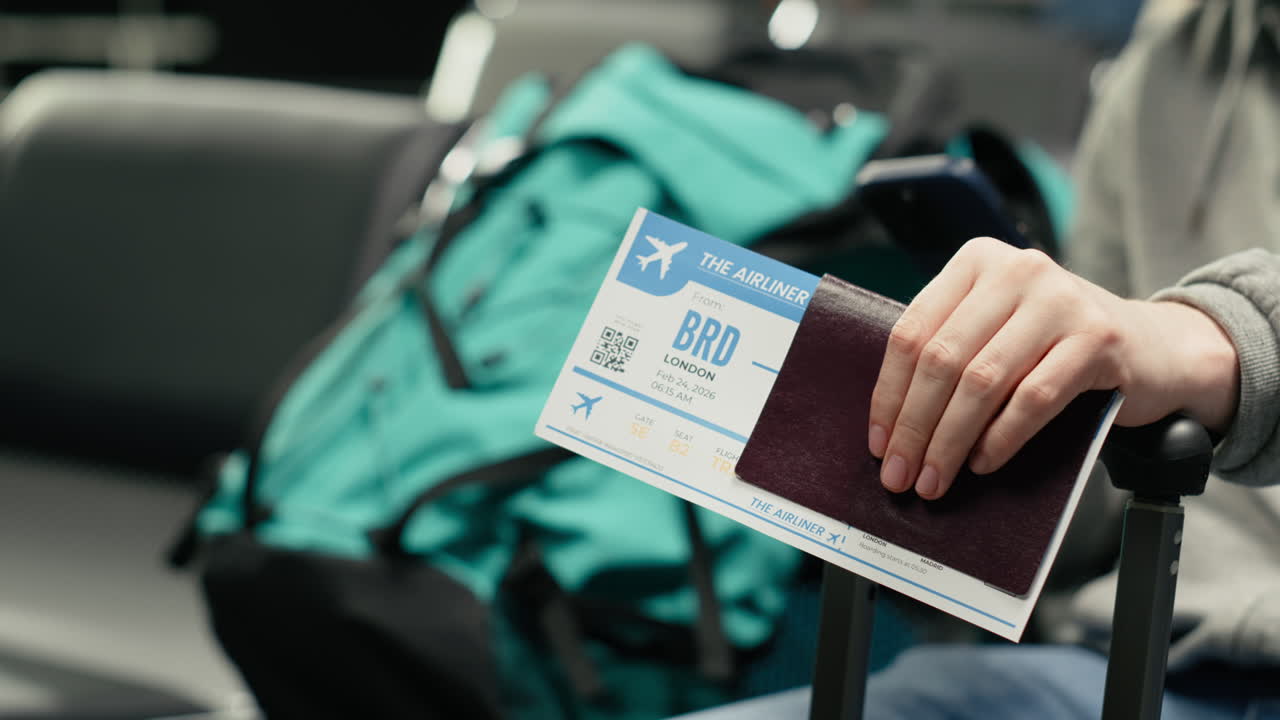 混雑した空港で男性が使用している渡航書類と携帯電話のクローズアップ。