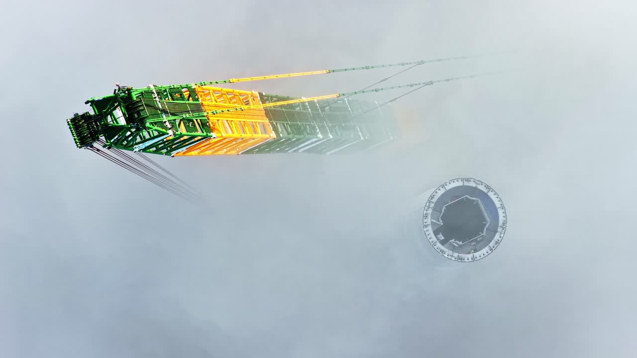 Construction crane breaking through cloud layer from above next to smokestack tower construction, mist floating in sky