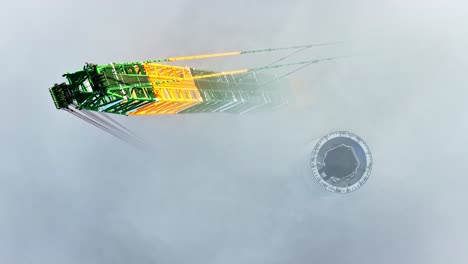 construction crane breaking through cloud layer from above next to smokestack tower construction, mist floating in sky