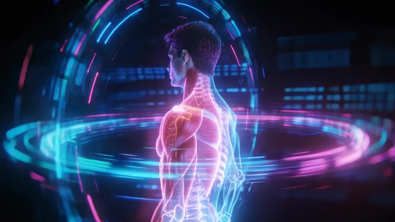 Accelerating ring, male avatar turning left, HUD rotating, spine glowing in dark lab for scan