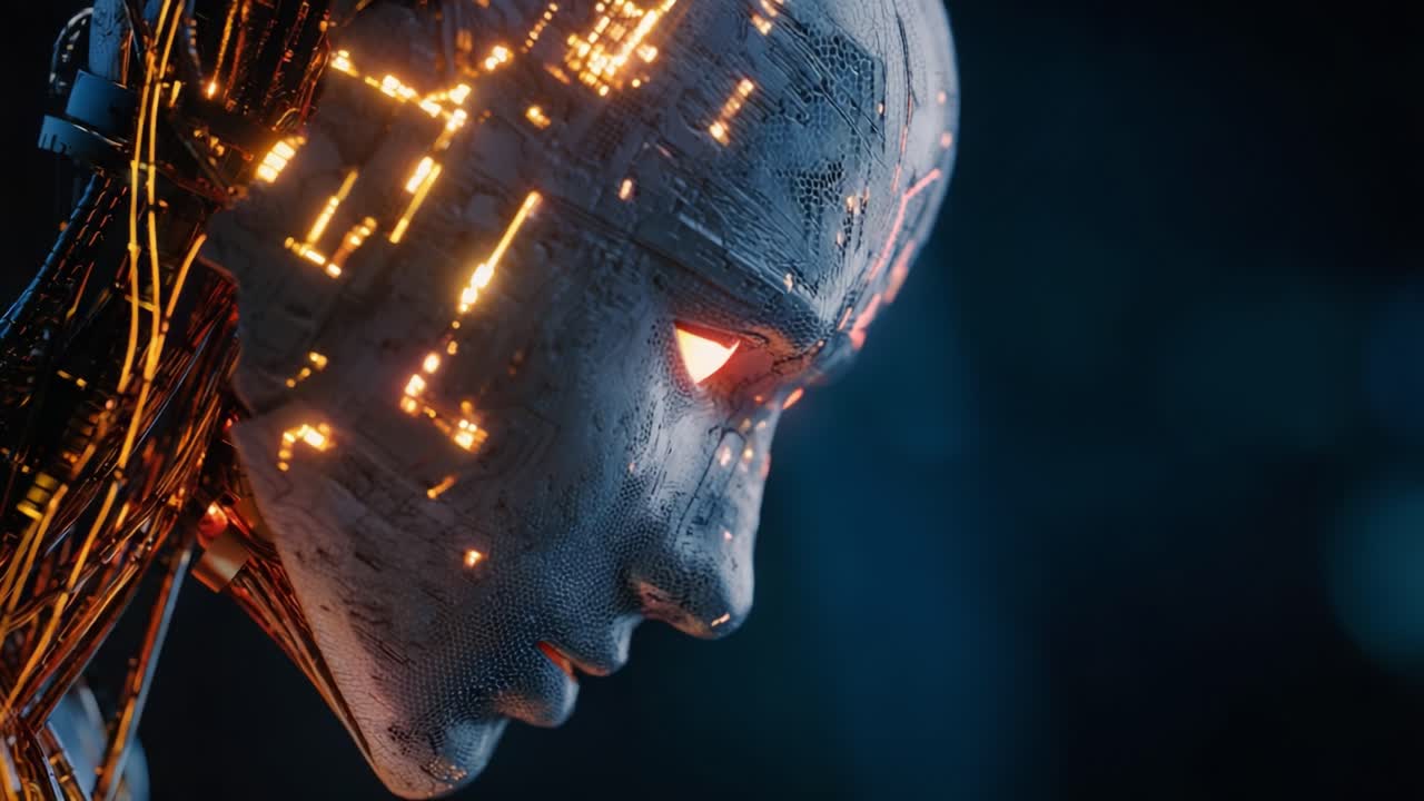 A futuristic close-up of an intricate cybernetic face, showcasing luminous circuits and a detailed exterior, embodying the essence of advanced artificial intelligence and technology