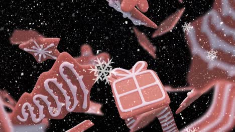 Animation-of-christmas-gingerbread-cookies-over-snowflakes-falling-on-black-background