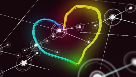 animation of network of connections with digital icons and rainbow glowing heart