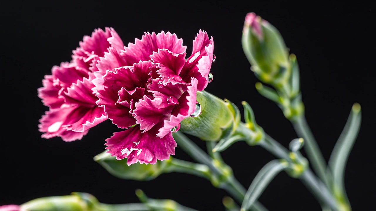 Macro shot of pink carnation flower buds on black background
