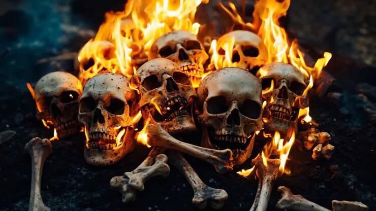 A group of skulls and bones on fire in the dark