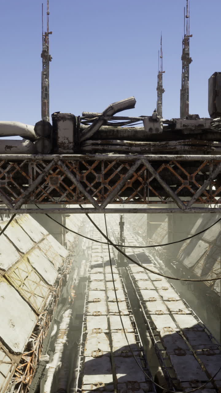 Industrial site with rusted machinery and scaffolding in clear sky