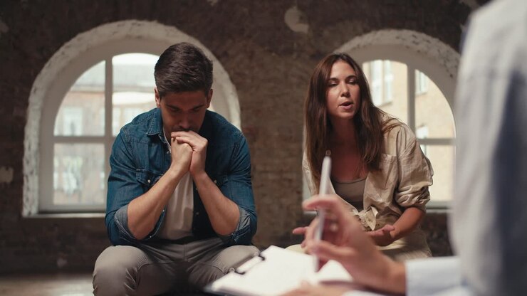 An angry and desperate brunette girl talks in high tones with her brunette boyfriend in a blue jacket during communication at a reception with a psychologist