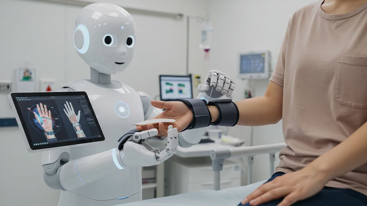 A Futuristic Healthcare Interaction: A Friendly Robot Assists a Patient with Advanced Hand Monitoring Technology in a Modern Medical Setting