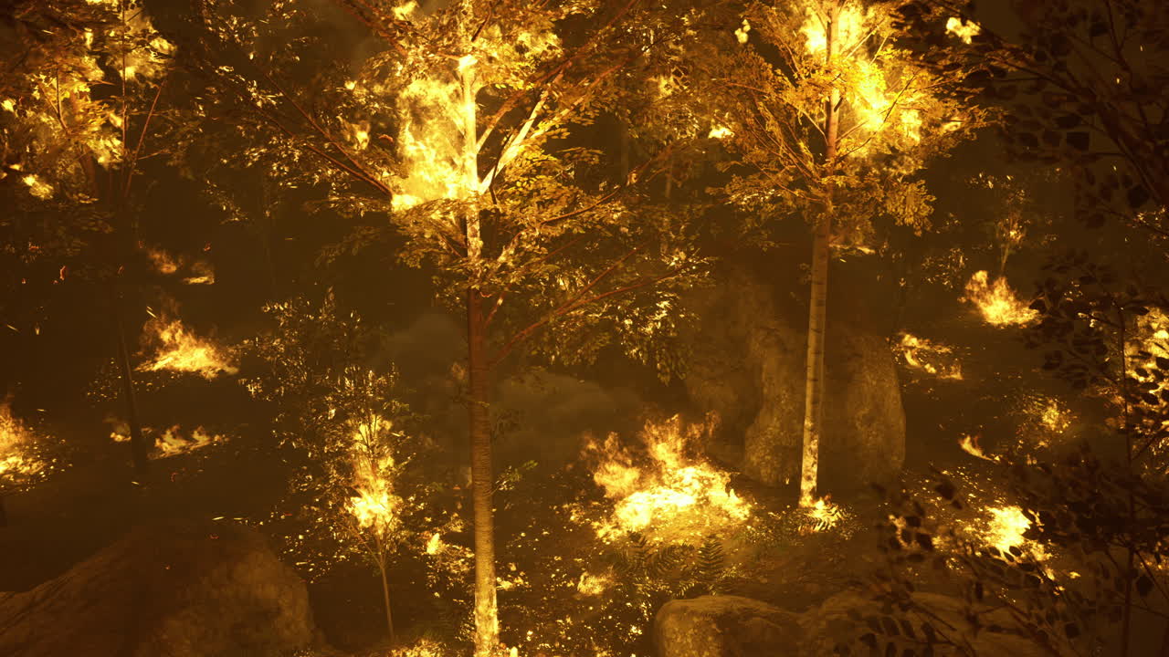 Wildfire burns through dense forest at twilight with glowing flames