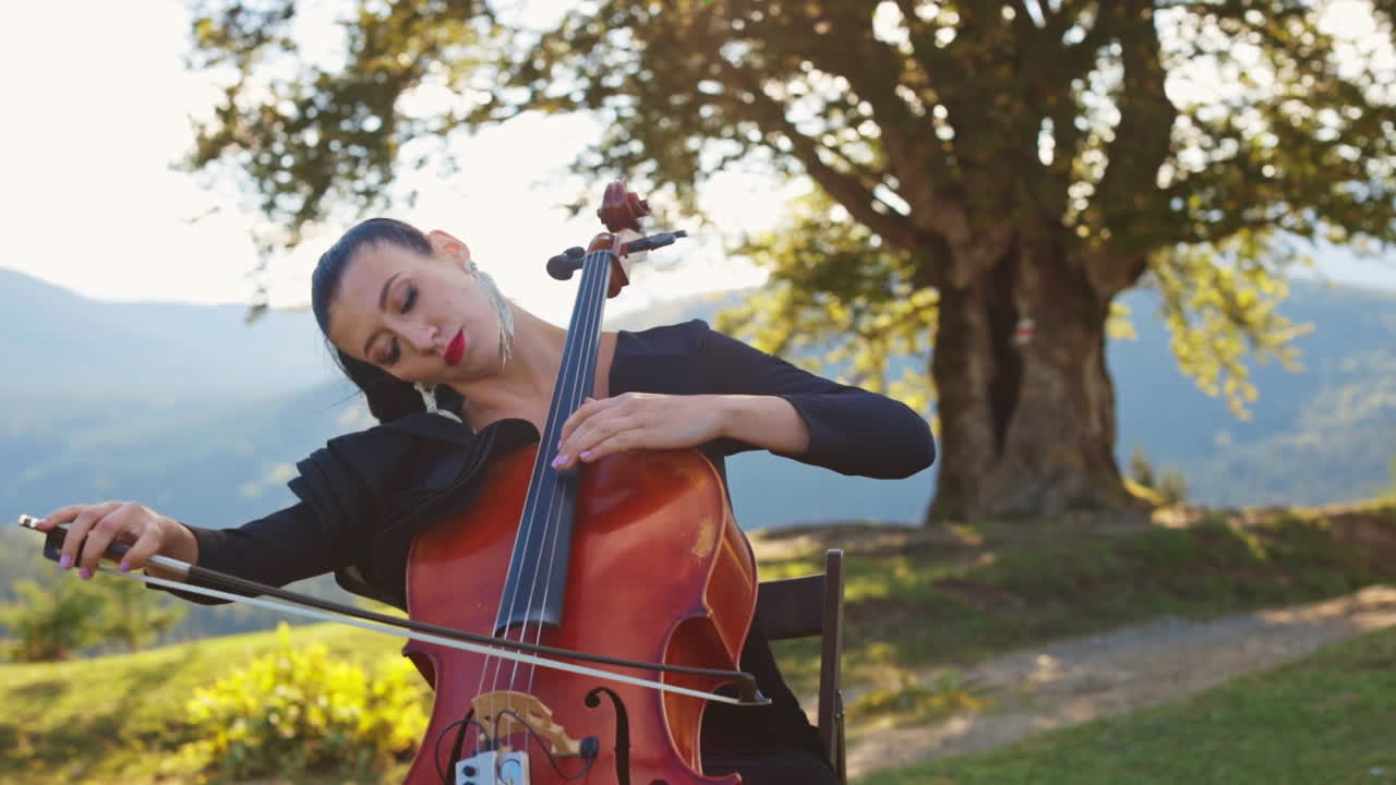 Cellist Performing Outdoors in Mountains