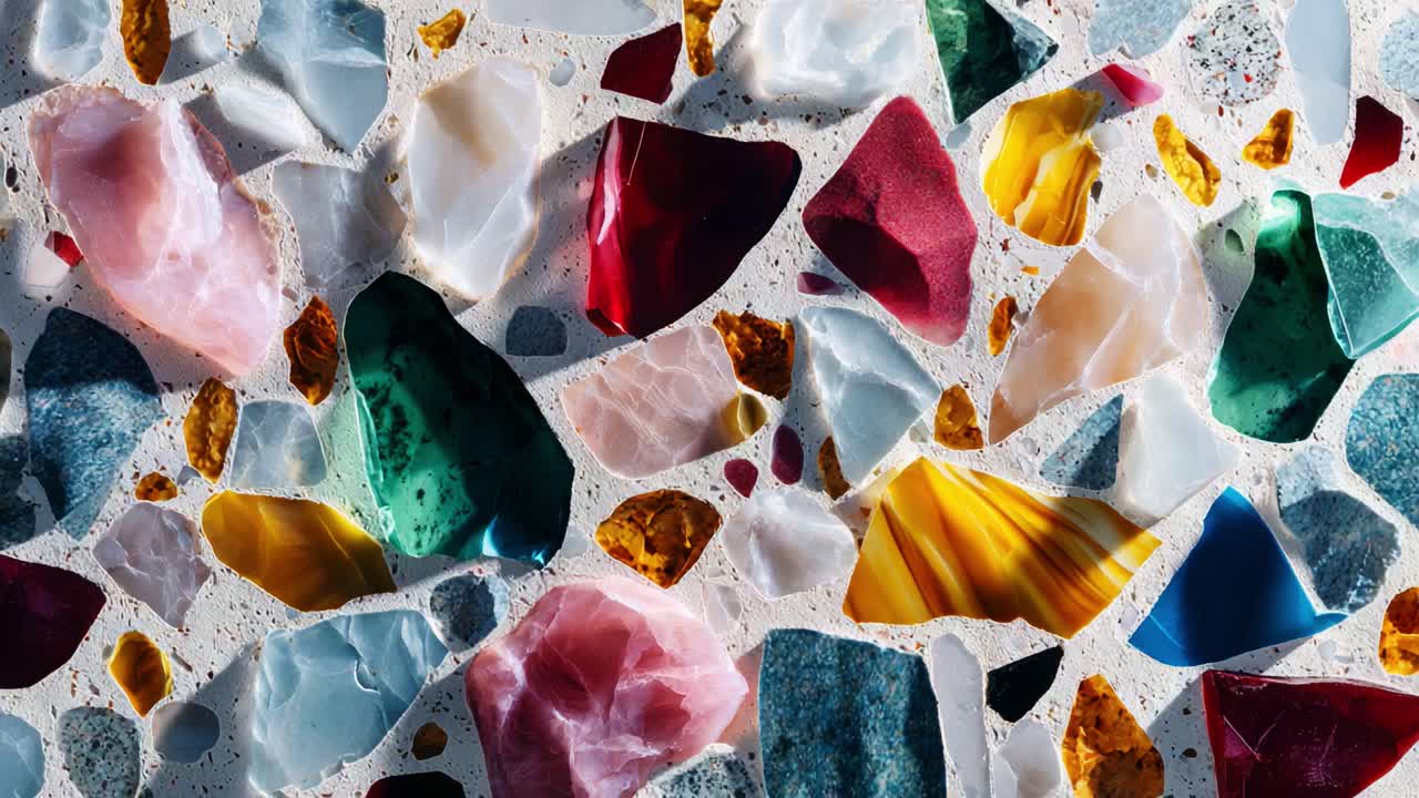 Vibrant Terrazzo Surface Featuring Colorful Aggregates in a Captivating Arrangement of Multicolored Chips and Stones, Showcasing Natural Beauty and Artistic Design Elements