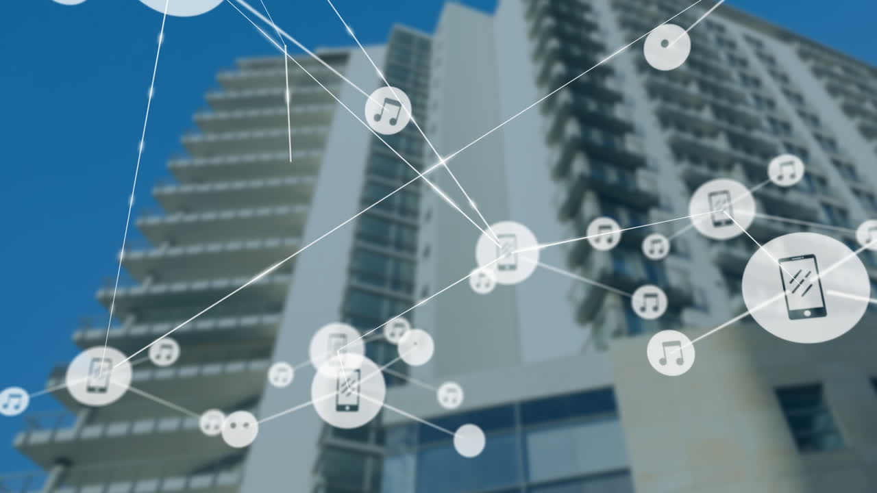 Network of connected devices and music icons animation over modern buildings