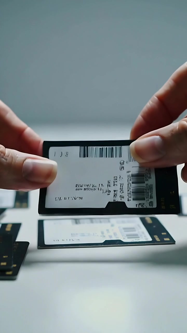 Vertical video: Entering adult hands placing barcode cards on white tabletop, checking labels