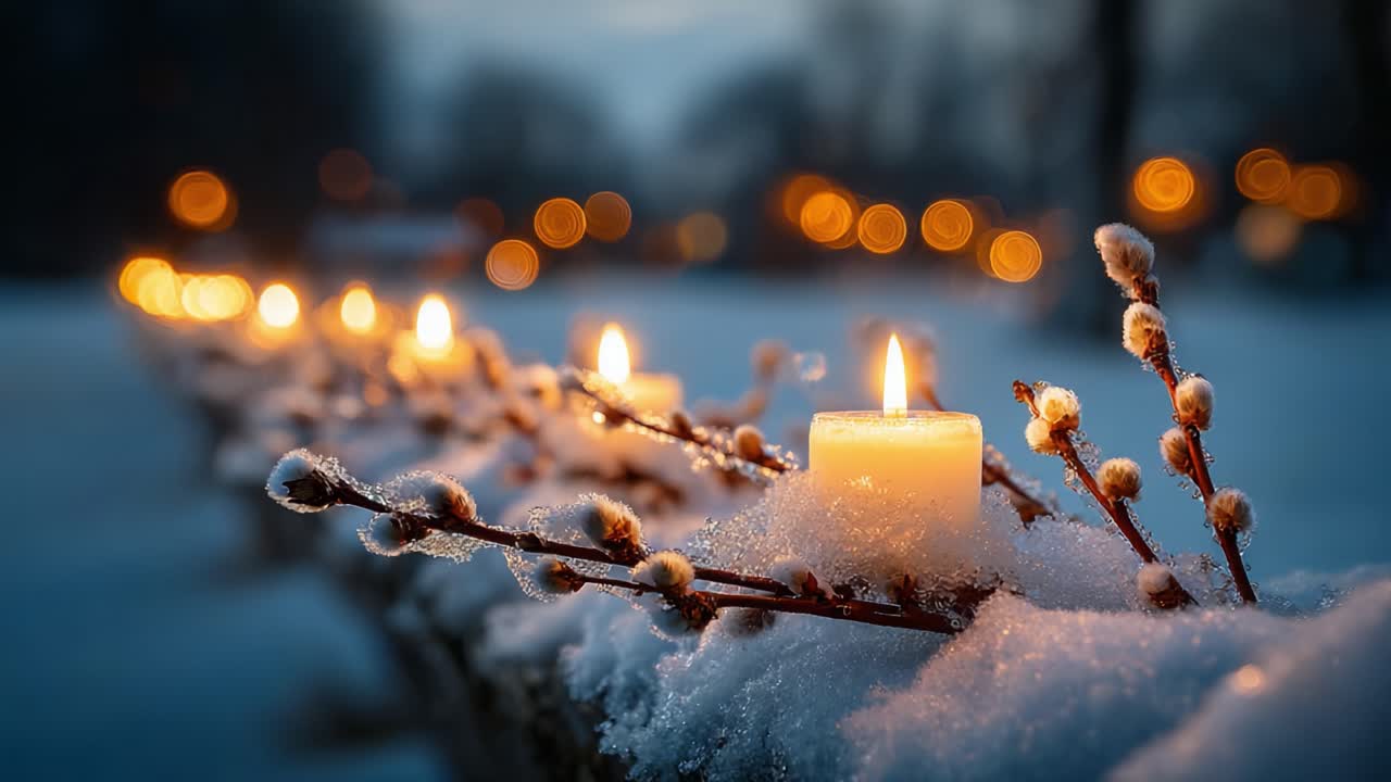 A Serene Winter Evening: Candles Glow Amidst Snowy Landscape, Creating a Cozy Aura with Beautiful Bokeh Lights in the Background